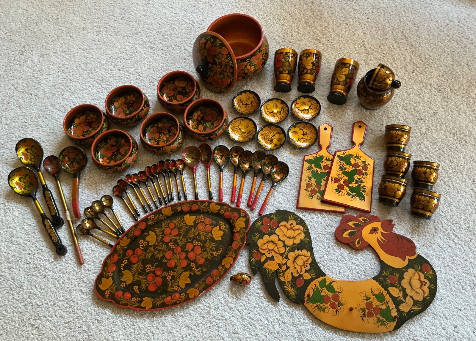 Vintage Authentic Russian Khokhloma Hand Painted Wood Pieces - 57 Pieces