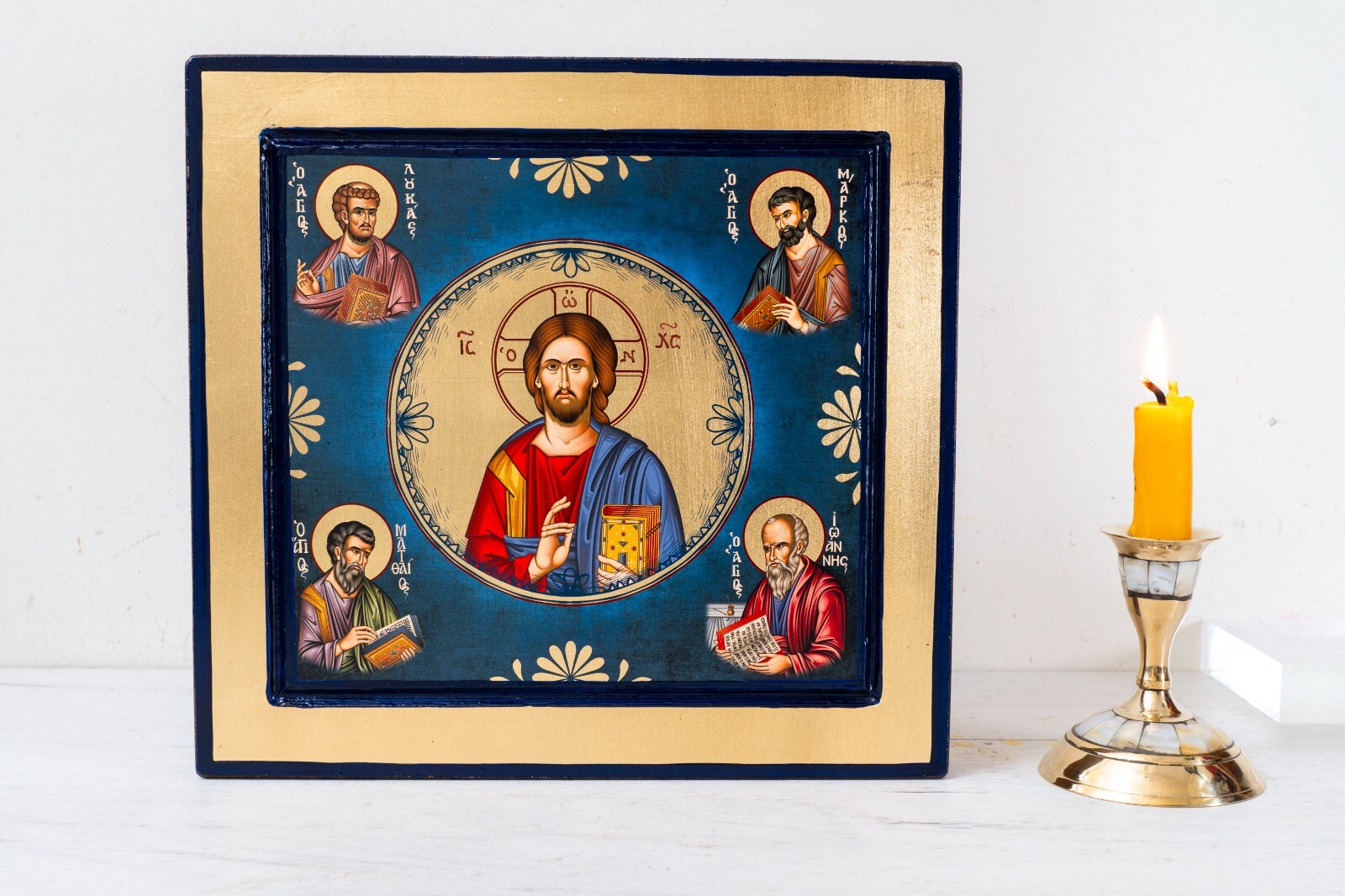 Jesus Christ The Almighty with 4 Evangelist Handmade Byzantine Gold Leaf on Wood