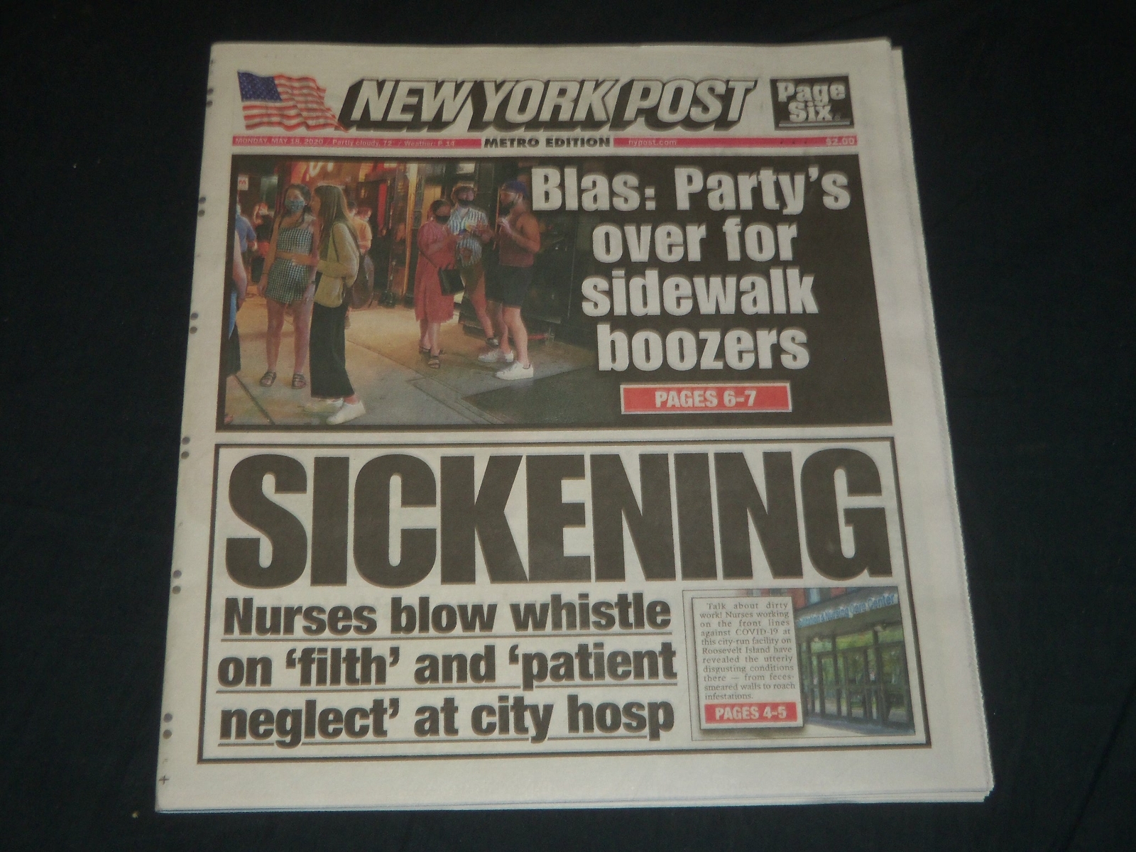 2020 MAY 18 NEW YORK POST NEWSPAPER - SICKENING - BLAS: PARTY\'S OVER FOR BOOZERS