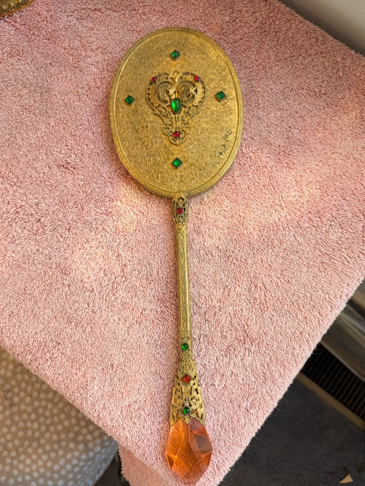 Antique 1920s Czech Style Jeweled Brass Hand Mirror w/ Amber Crystal Finial