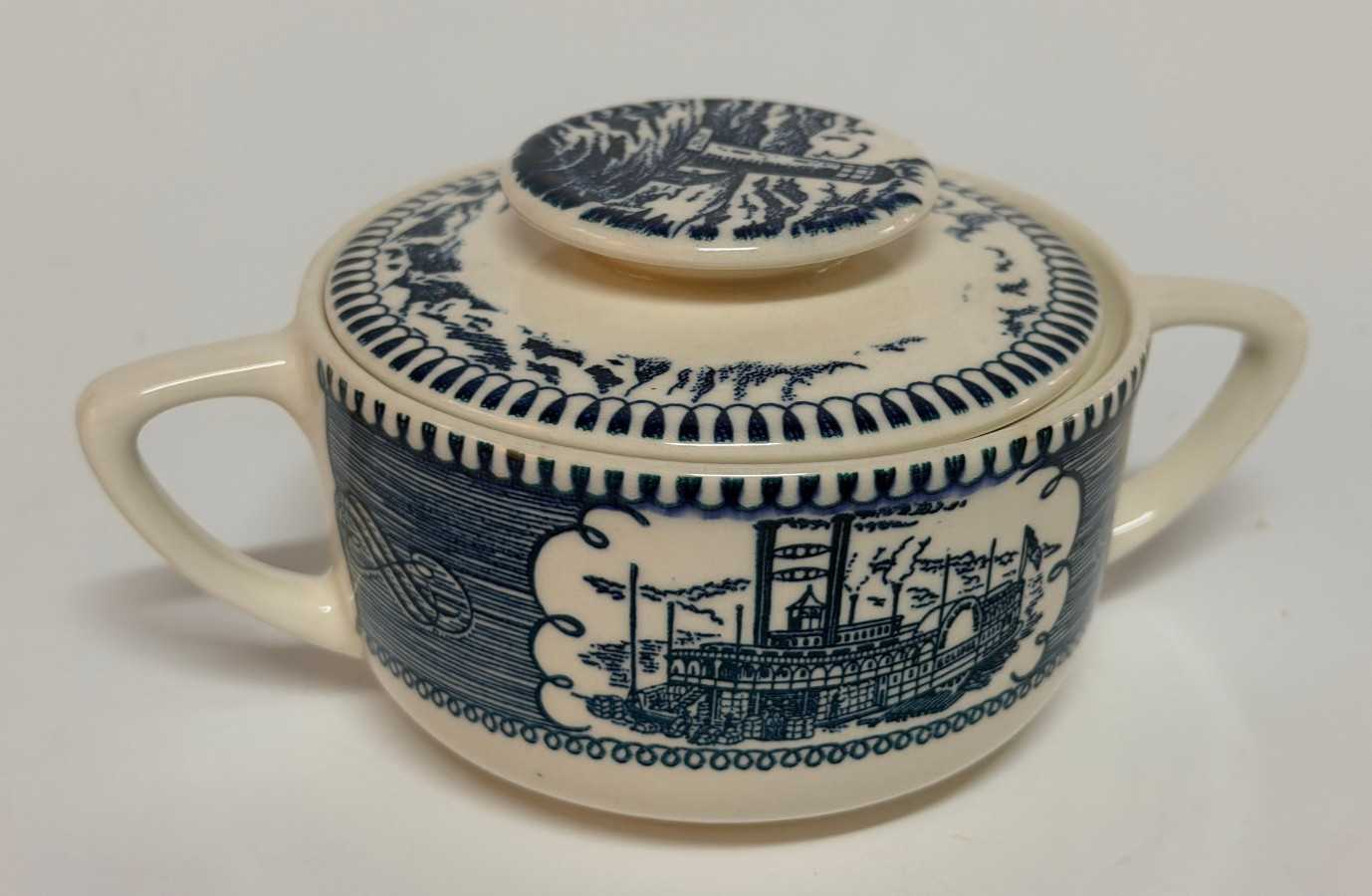 Vintage Royal China Currier and Ives Blue Steamboat Eclipse Covered Sugar Bowl