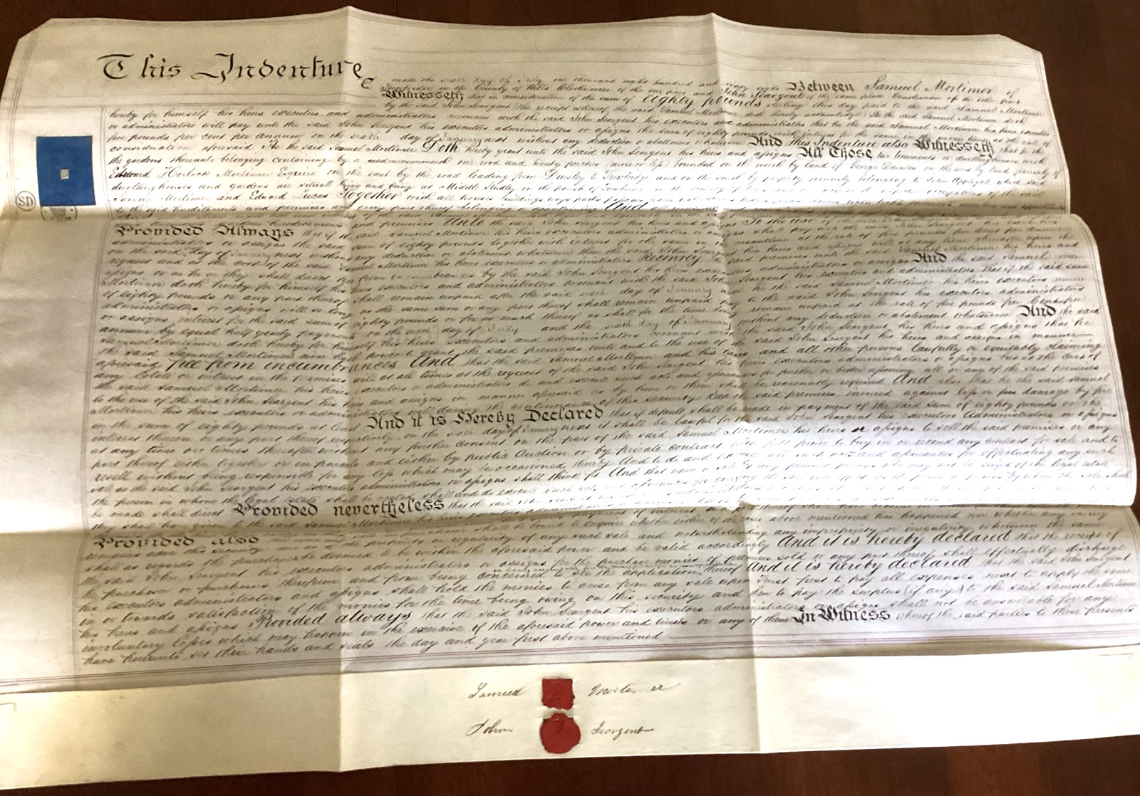 19th C English Indenture Trowbridge Wiltshire Samuel Mortimer to John Seargent