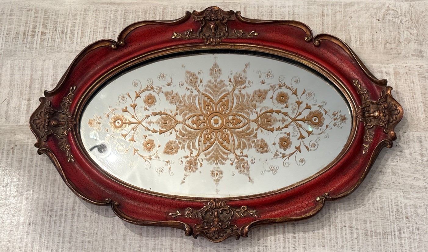 VTG Italian Florentine Mirror Tray Oval Red Gold Hollywood Regency Baroque MCM