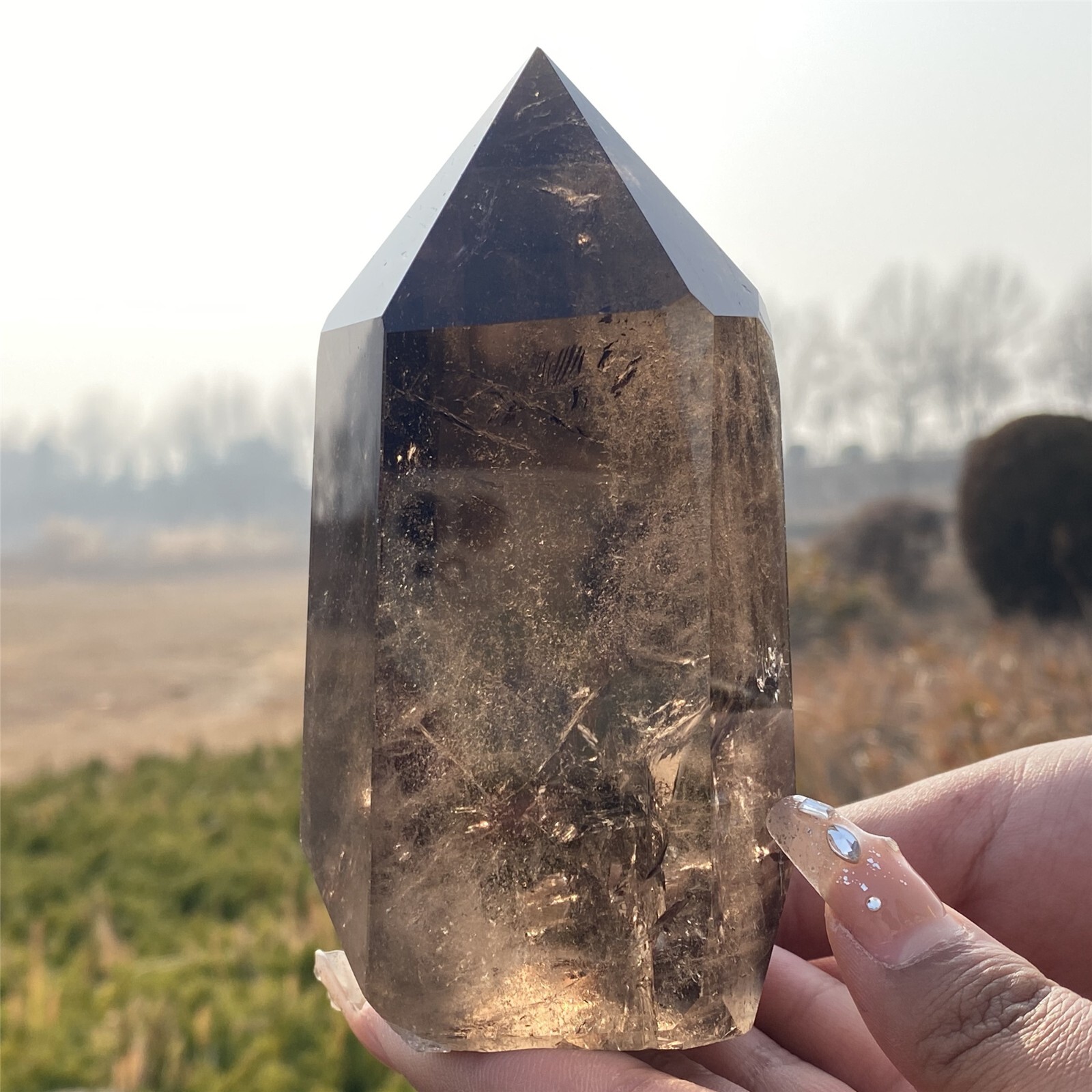 1.36LB TOP Natural smoky quartz obelisk crystal wand point tower reiki healing