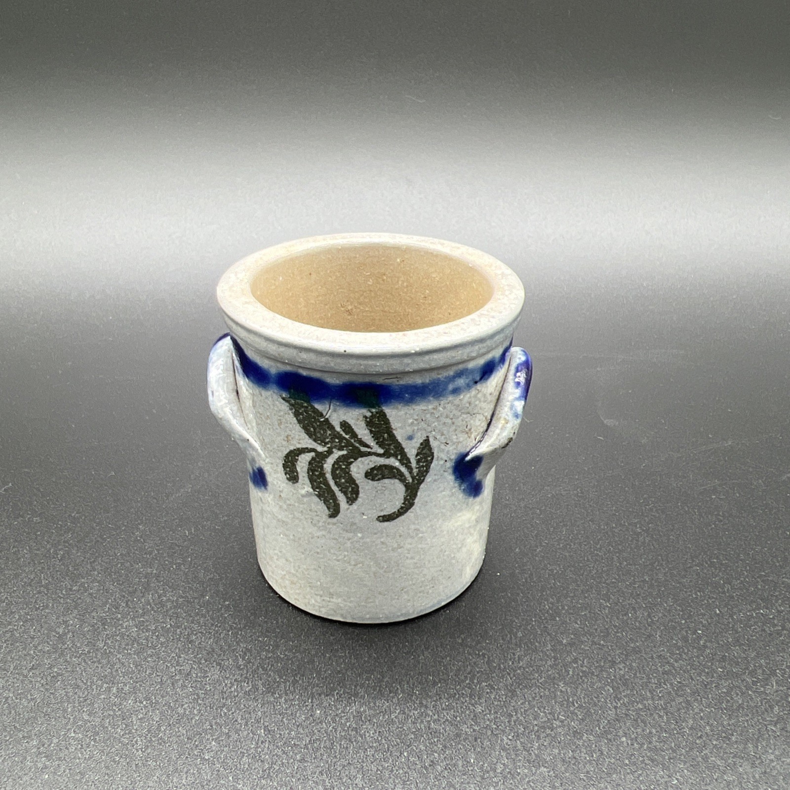 Vintage Mini Stoneware Crock Blue Spongeware Salt Glaze Crockery Planter 2.5\
