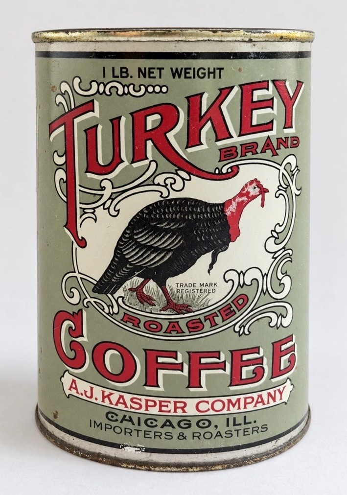 Vintage Turkey Brand Coffee Tin A.J. Kasper Chicago 1 LB Advertising Can