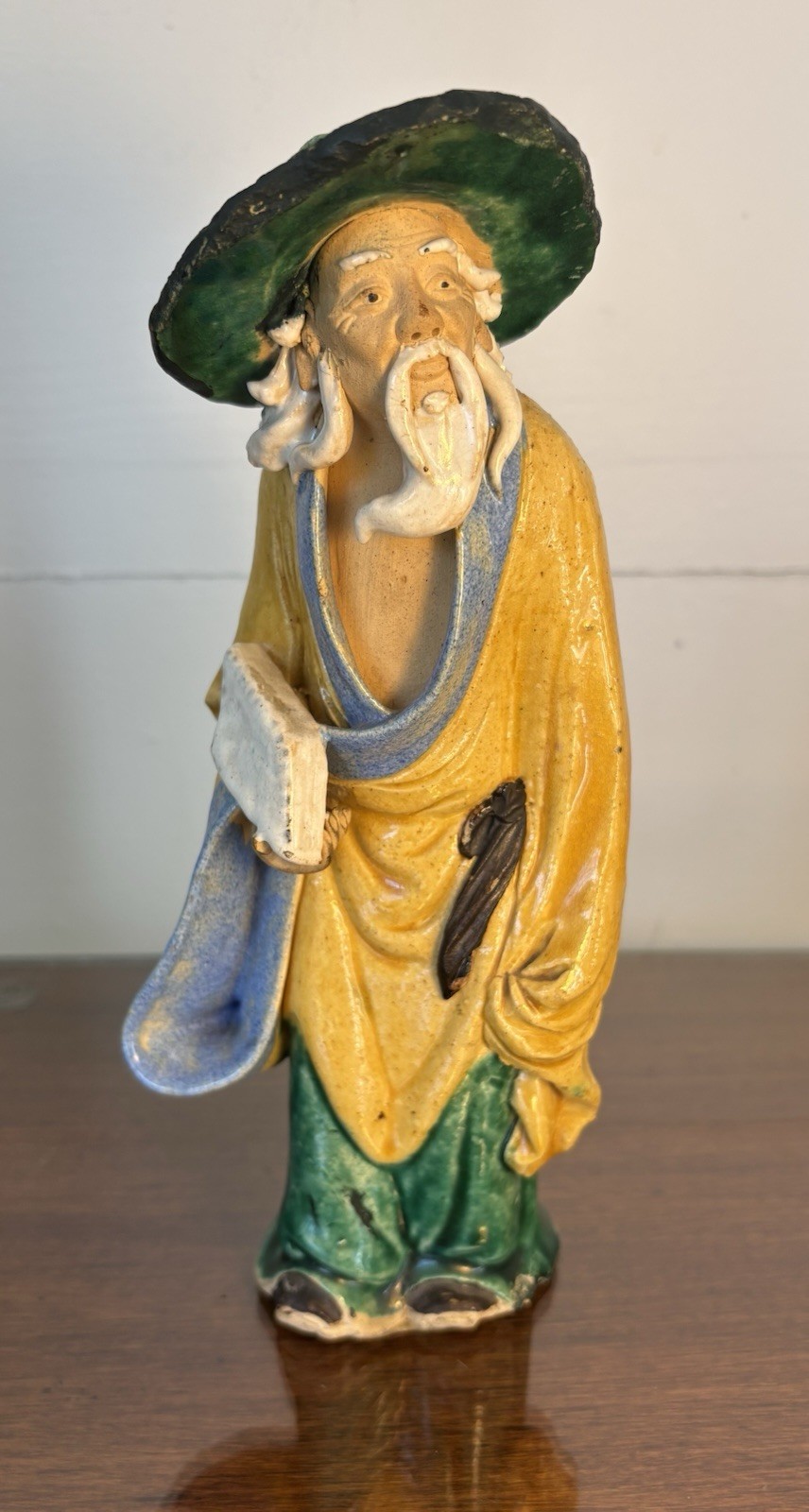 Vintage Chinese Mudman Scholar Figurine, Great Expression and Bright Colors 9”