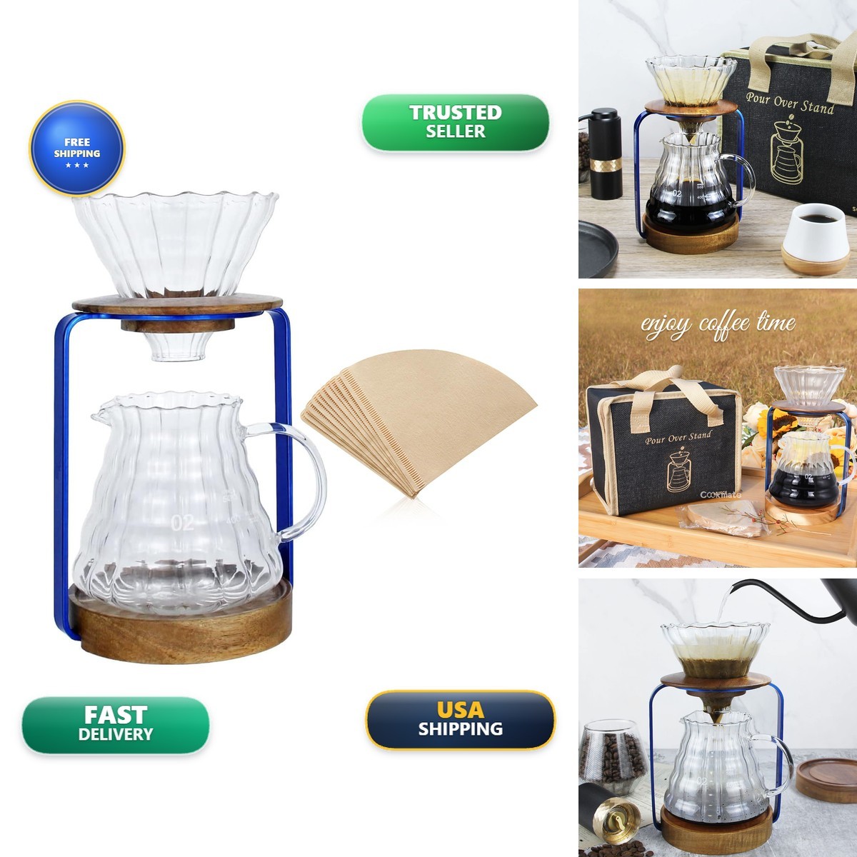 SOTECH Pour Over Coffee Dripper Stand Blue - Metal Wood Glass Server Set