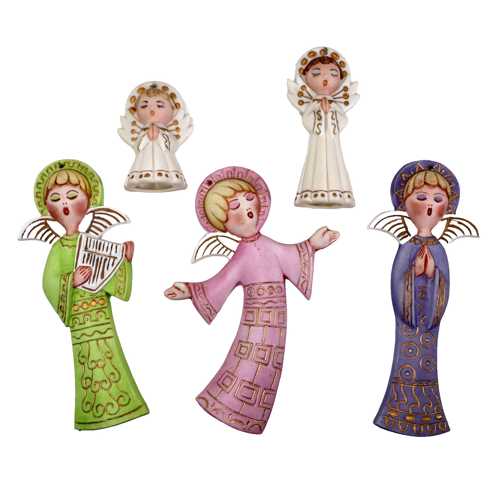 5 vtg Christmas Ornaments artisan hand-painted ANGELS Kitschy 70s ceramic 3