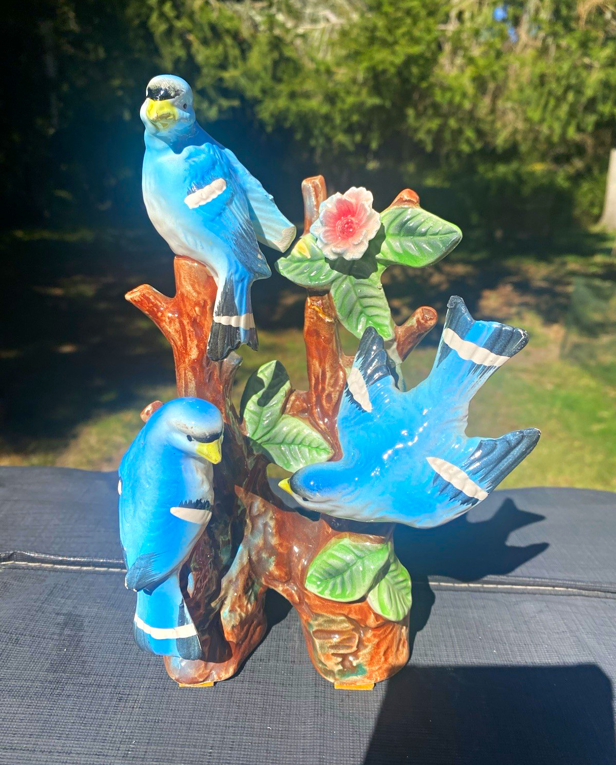 Vintage Ceramic Blue  Bird Figurine Set of 2 on Tree Branches with Pink Flower