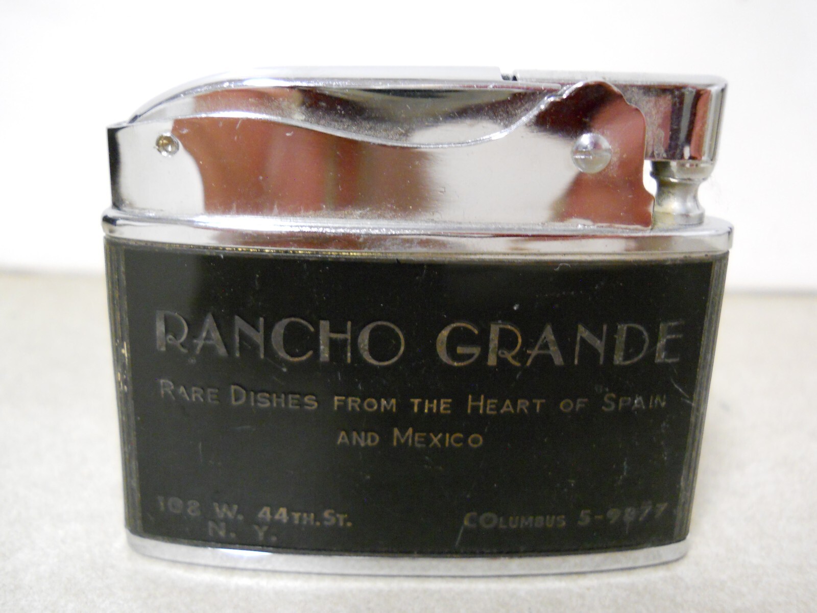 Vtg ANCO DeLuxe RANCHO GRANDE Spain Mexico Business Card Flat Cigarette Lighter