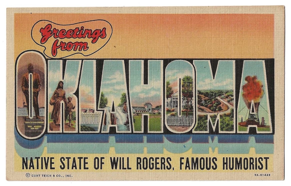 Greetings From Oklahoma c1930's Will Rogers Statue, Oil Well, Pioneer Statue