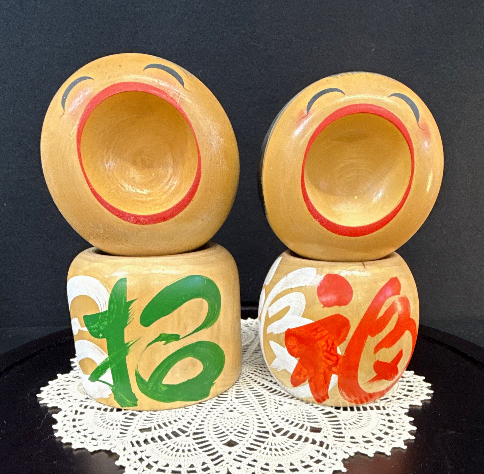 Japanese Wooden Kokeshi Dolls Pair Handmade Hand-Painted Folk Art Signed Base
