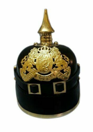 Bavarian Black Leather & Brass Halloween German Pickelhaube Leather Helmet Gift