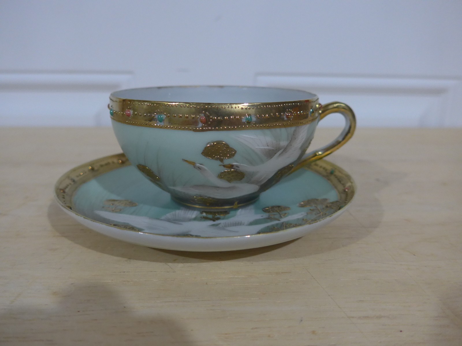 Vintage Japan NIPPON Jeweled Thick Gold Blue Teal Flying Geese Cup & Saucer