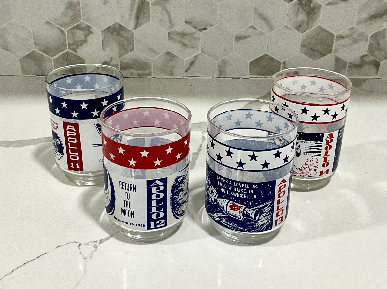 Vintage Apollo Space Moon Landing 4 Glasses Apollo Missions 11,12,13,14 NASA NEW