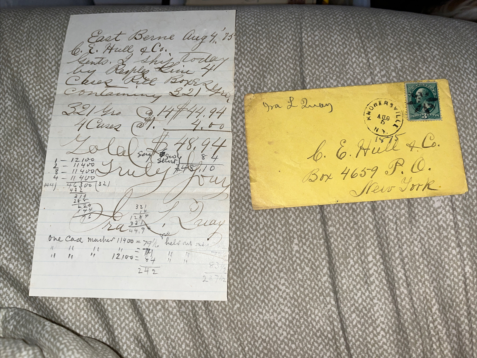 Antique 1875 Bill / Ledger Letter from Knowersville NY New York Postmark Rare