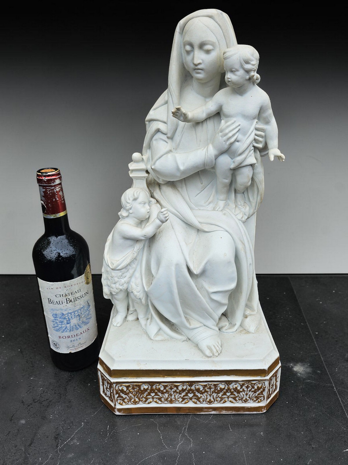 Antique XL 19thc french bisque porcelain Sculpture MAdonna JEsus Saint John rare