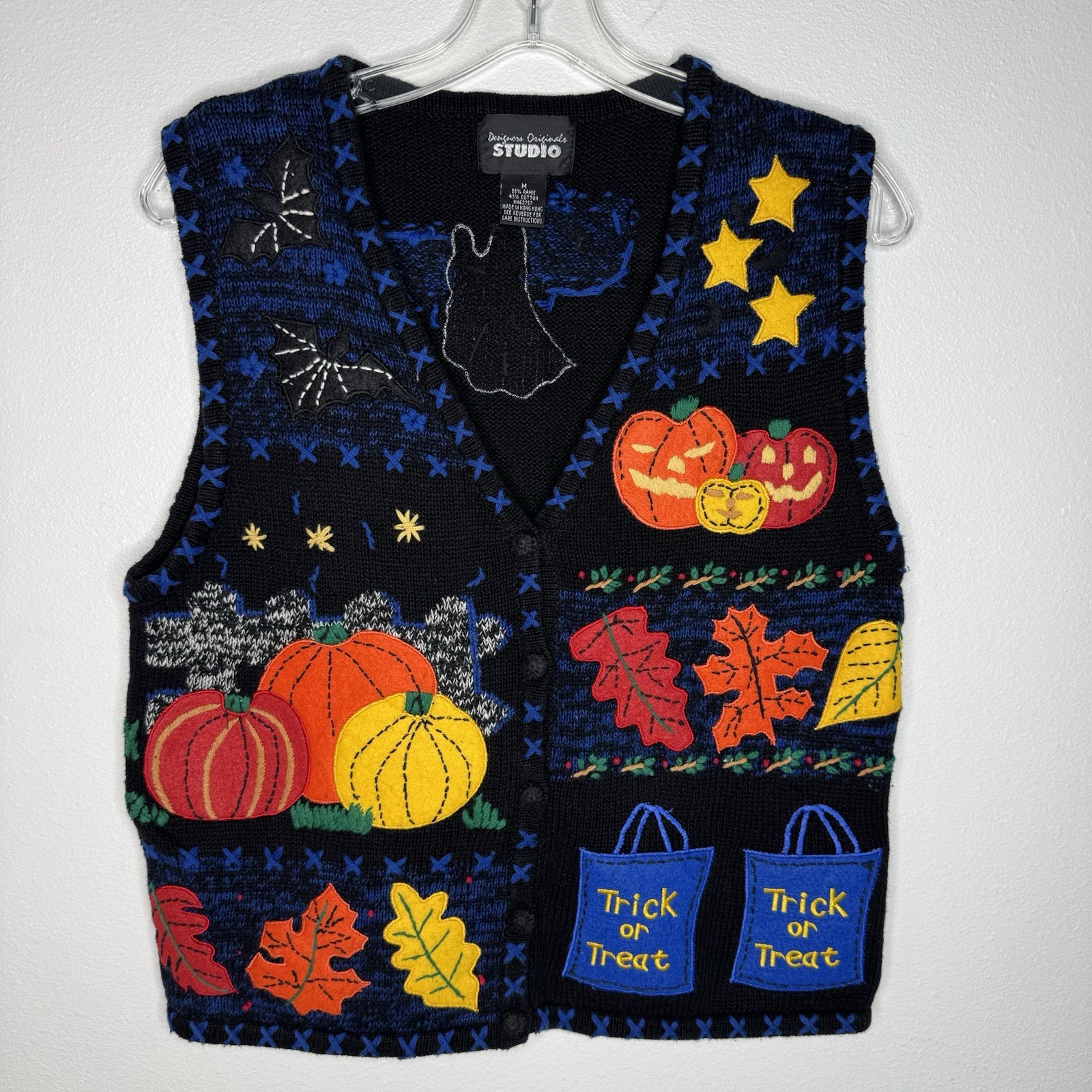Vintage Halloween sweater vest Designers Originals Studio black pumpkins medium