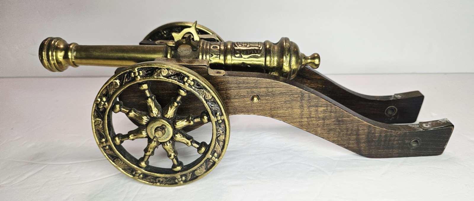 Vintage Brass Cannon Model MDLXX 1570 Wood Carriage Military Decor Replica