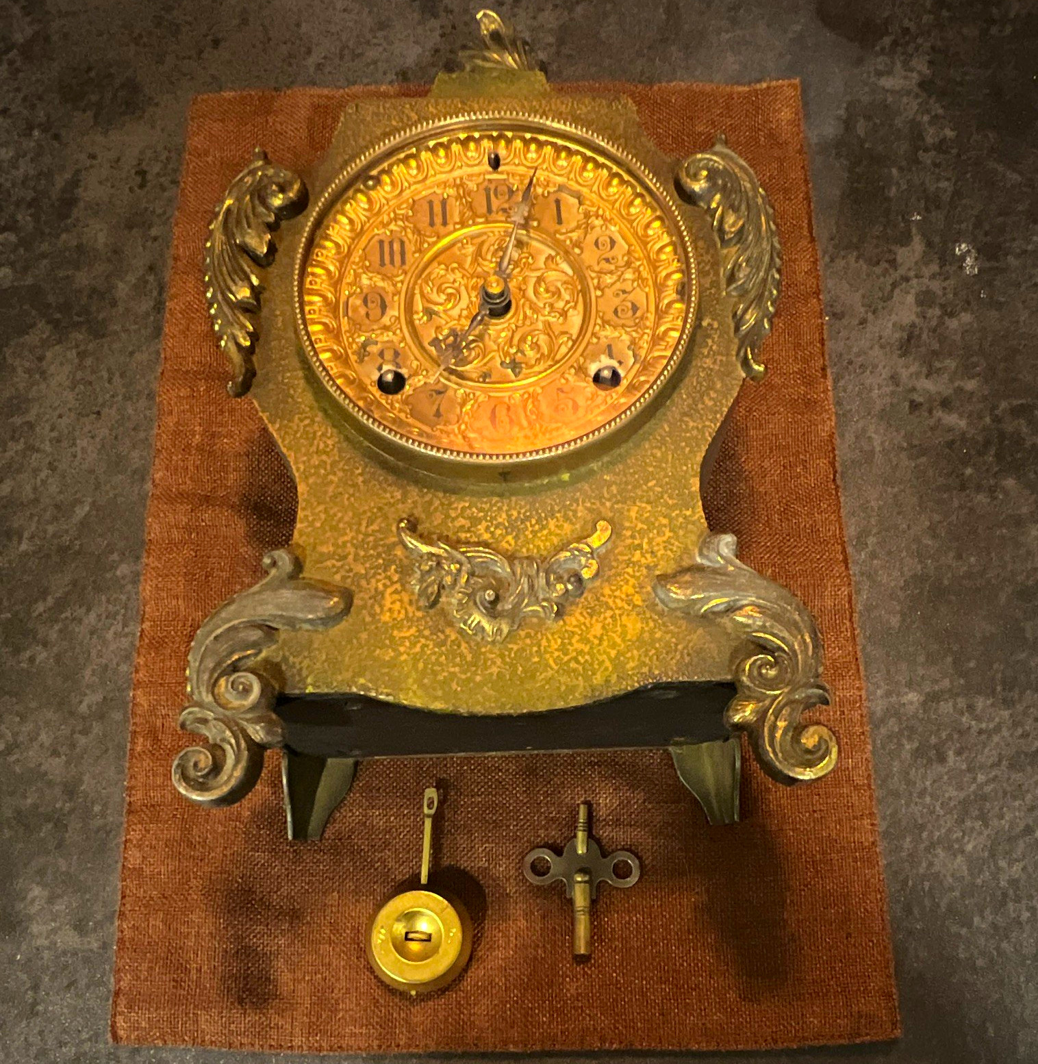 Ansonia Antique Vintage Mechanical Wind-Up Desk Clock Ornate Gold/Black 10in