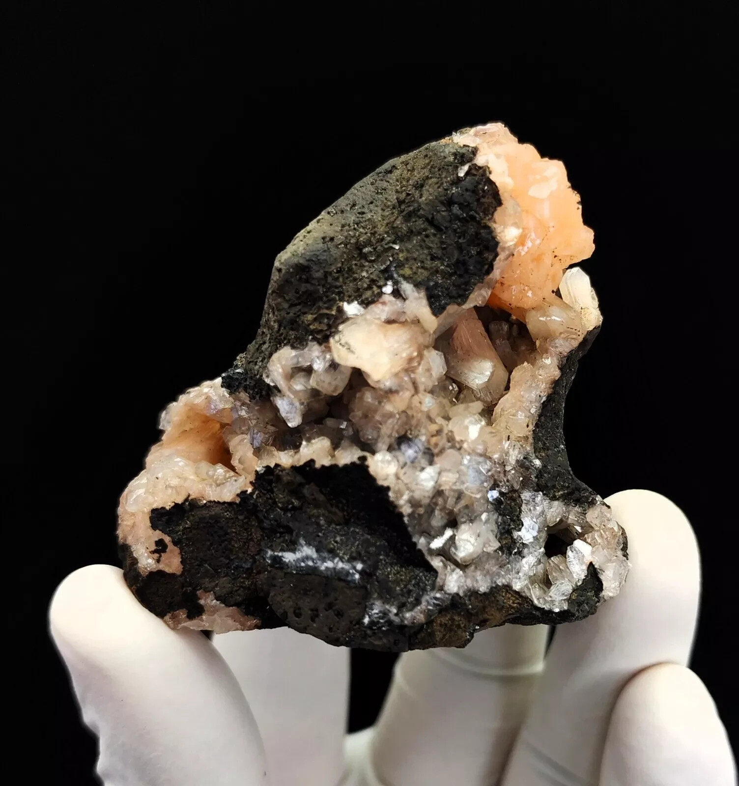 94g Natural Orange Stilbite with Little Shiny Heulandites On Base Minerals