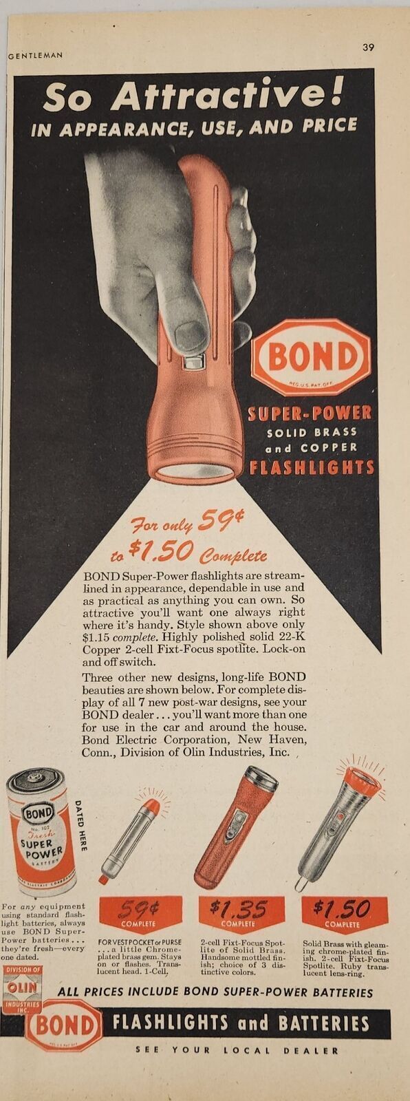1947 Print Ad Bond Solid Brass and Copper Flashlights & Batteries New Haven,CT
