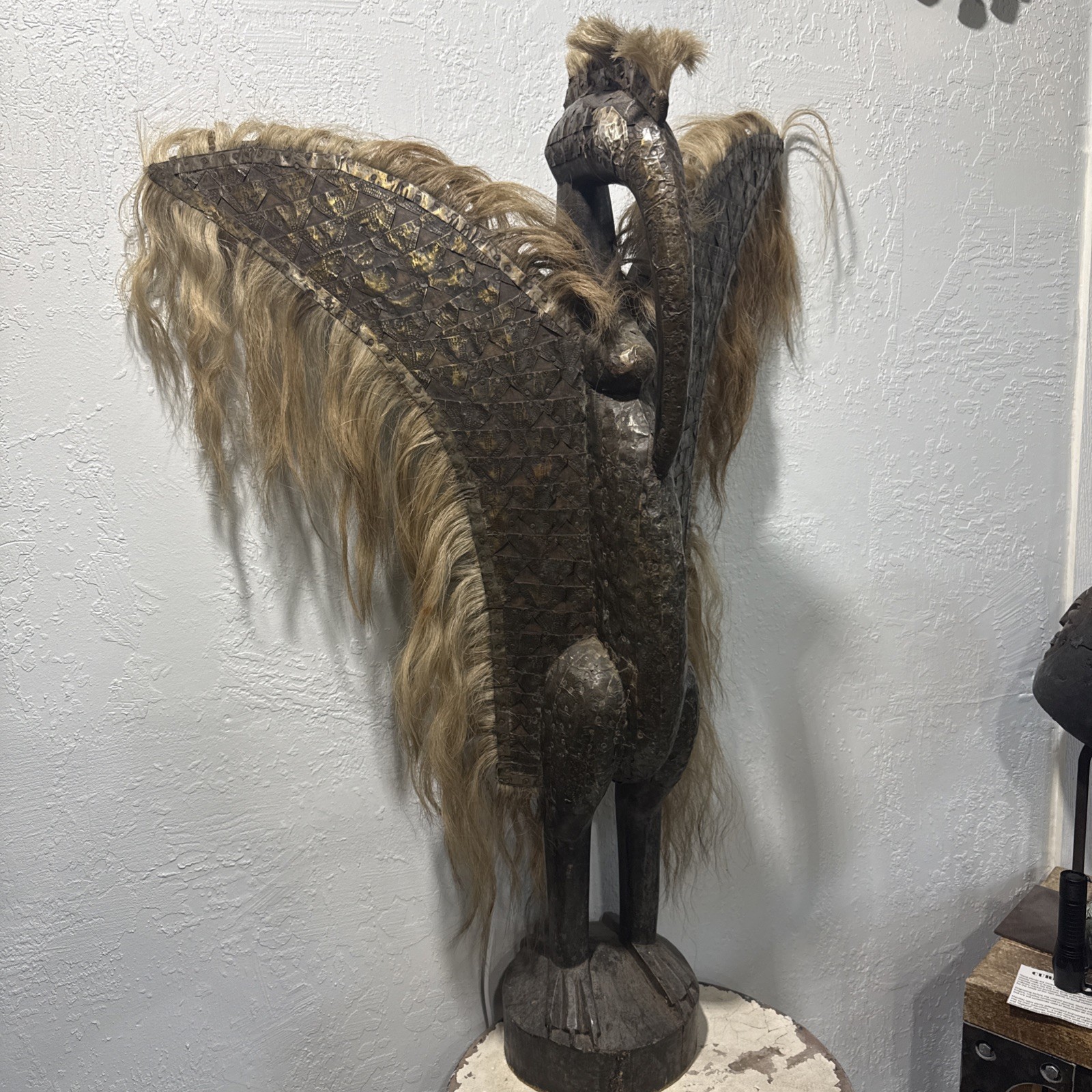 19th Century Senufo Tribal Bird Carving / Folk Art Ivory Coast, Wood/Metal 37”