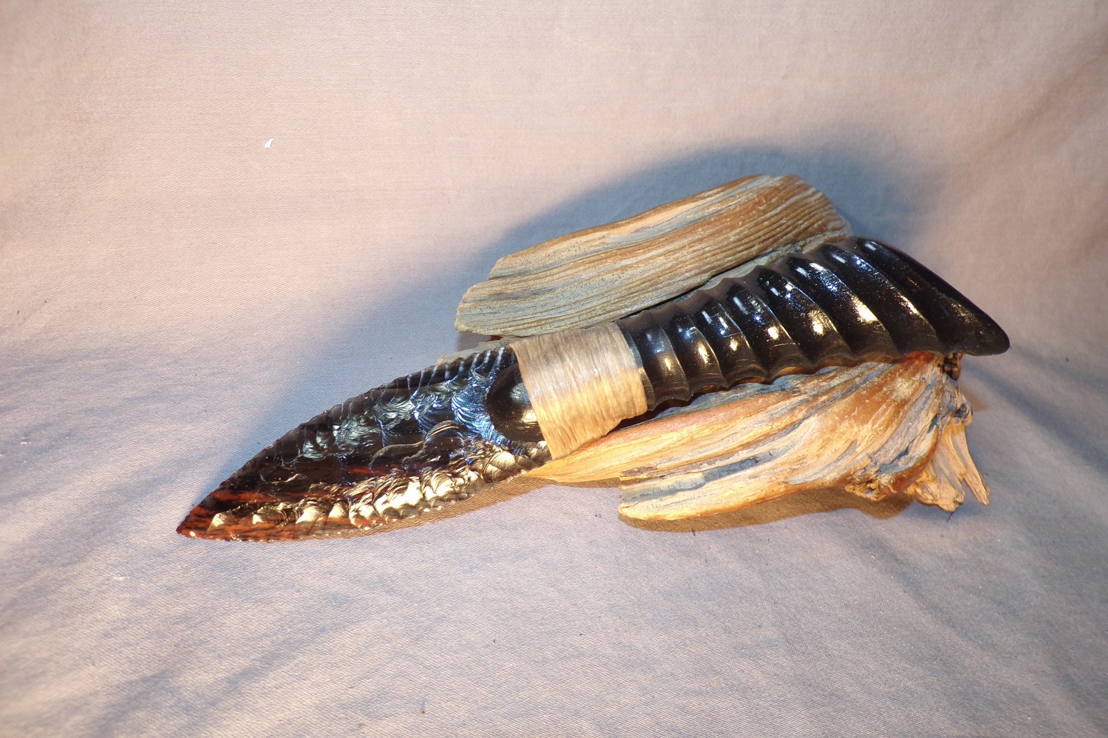 Triple Flow Obsidian Paleo Knife Carved African Antler Handle Flint Knapping