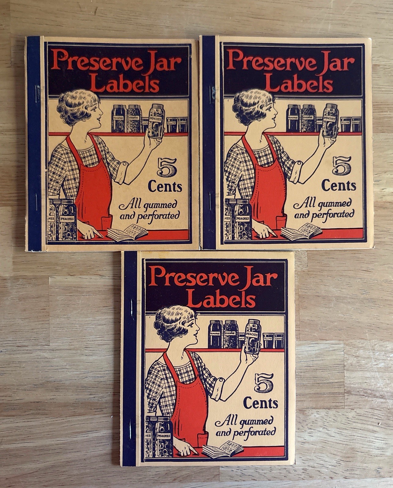 LOT OF 3 VINTAGE NOS PRESERVE JAR LABELS BOOKLET GUMMED AND PERFORATED 5 CENTS