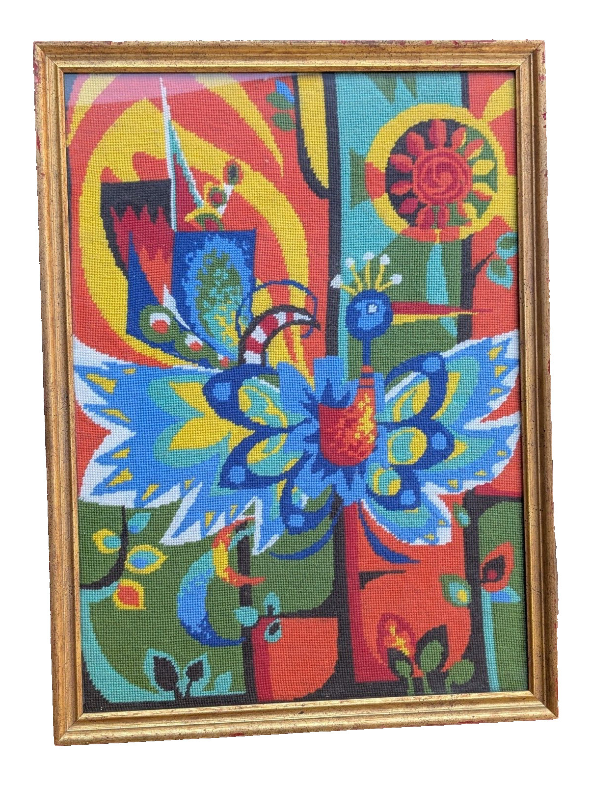 Framed Vintage Abstract Peacock Needlepoint Mid Century Needlepoint Handmade