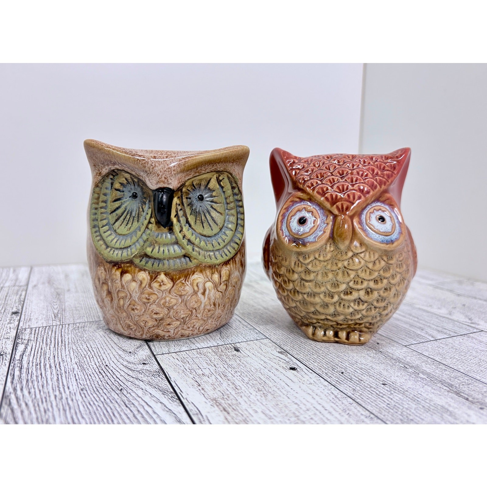 Pair of Ceramic Owl Figurines Glossy Drip Glaze Fall Decor - 3 1/2 inch