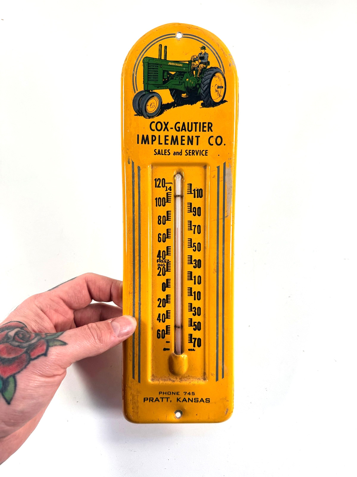 vtg 1950\'s John Deere Tractor Advertising Thermometer Cox Gautier Pratt KS sign