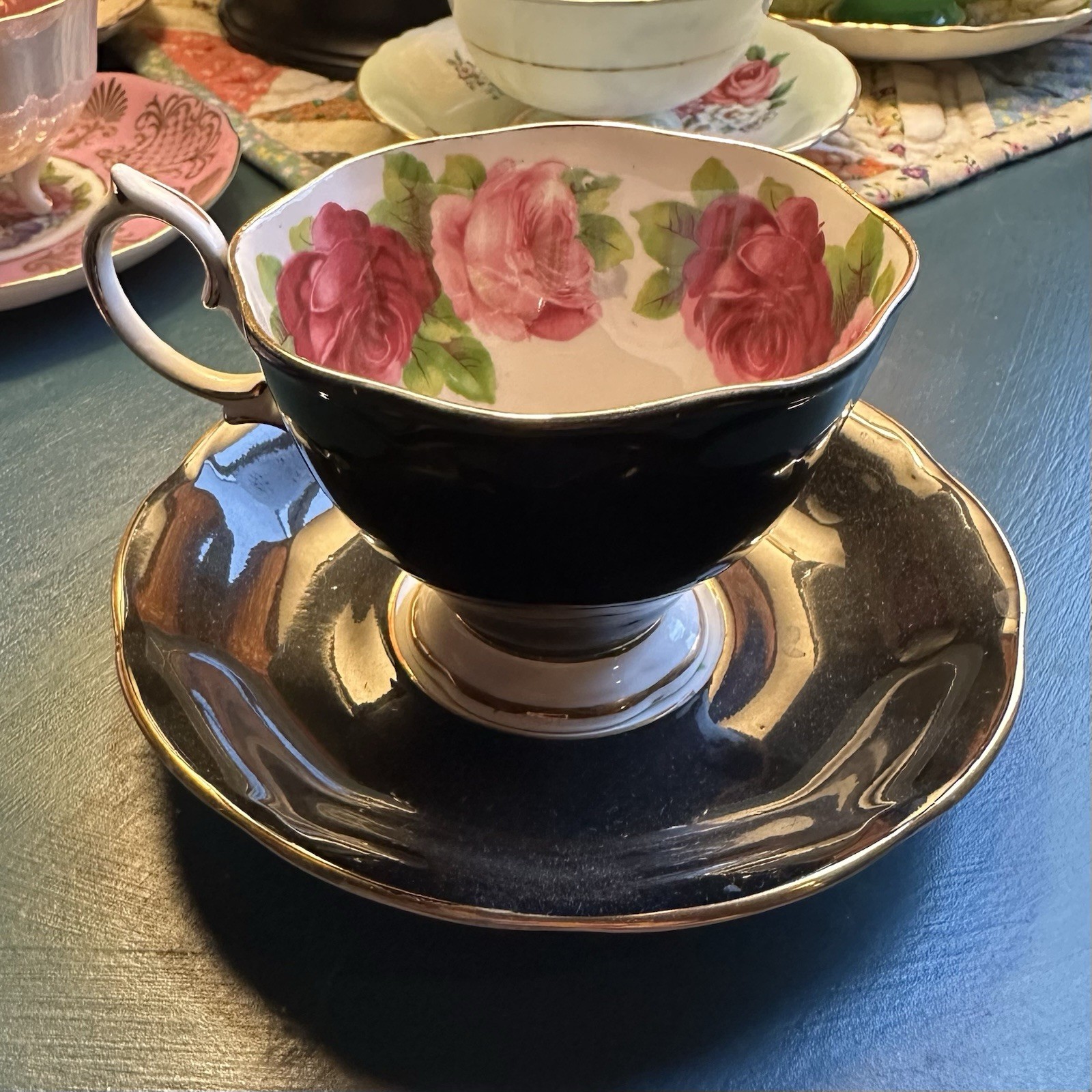 Vtg Royal Albert English Rose Black Teacup Saucer Set Bone China England 1950