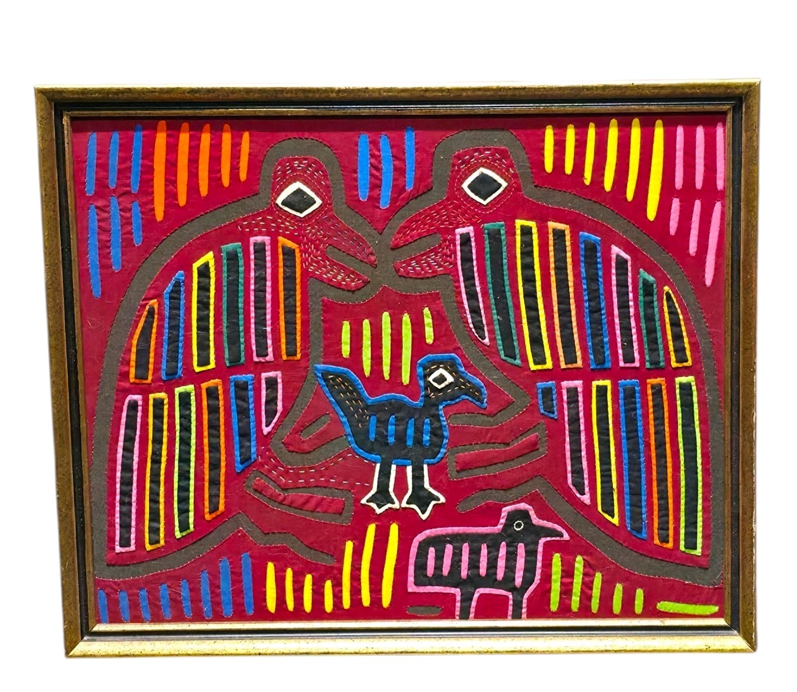 Vintage Panama Kuna Mola Framed Textile Art Hand Sewn Birds Animals Folk 17x14
