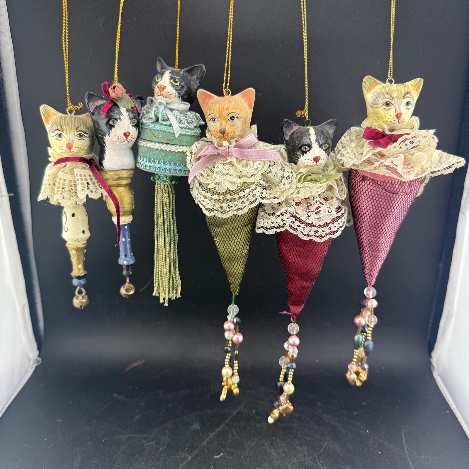 Lot of 6 Katherine’s Collection Victorian Cat Ornaments Hand Painted Folk Art