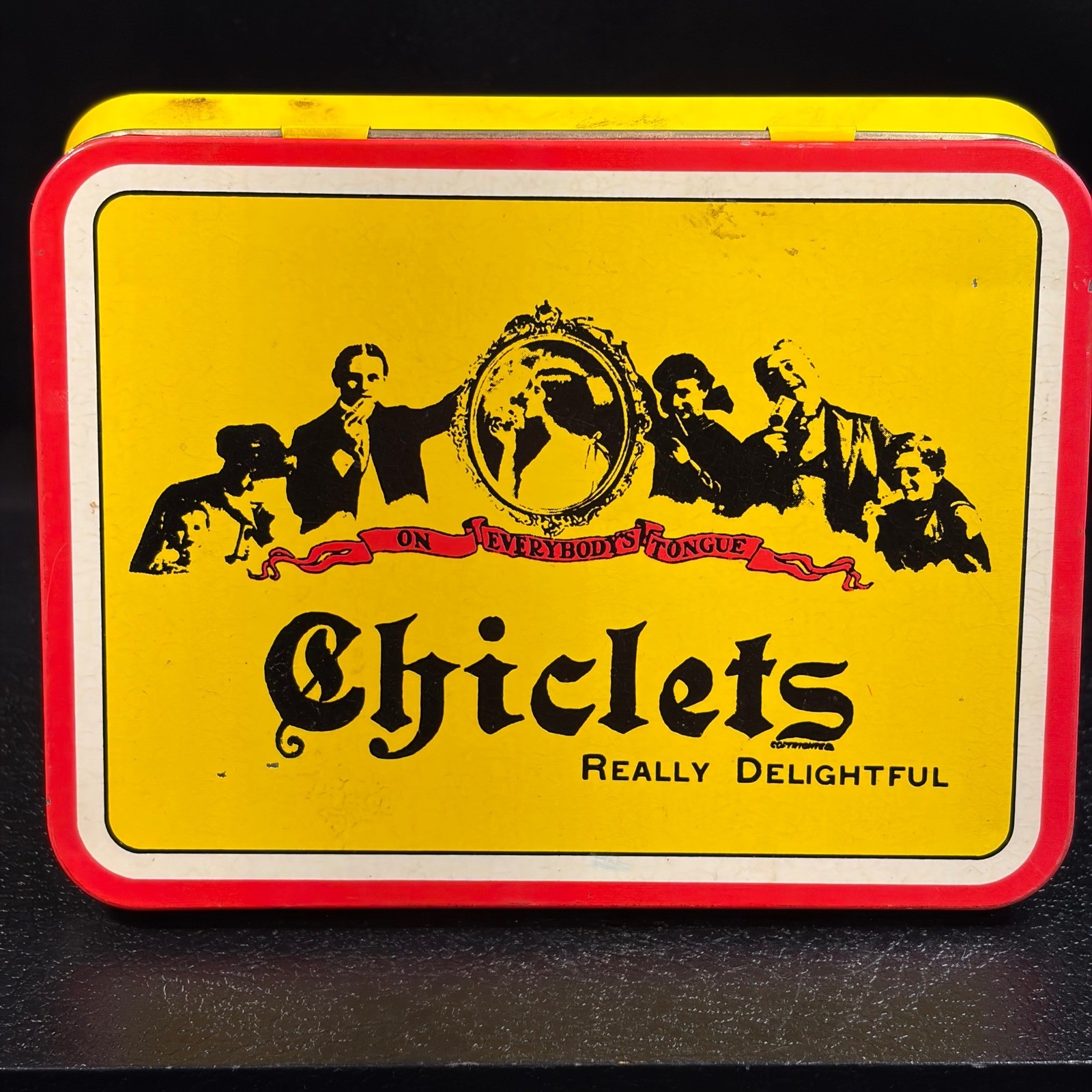 Vintage Chiclets Gum Tin Yellow Red Metal Advertising Box Edwardian Graphics