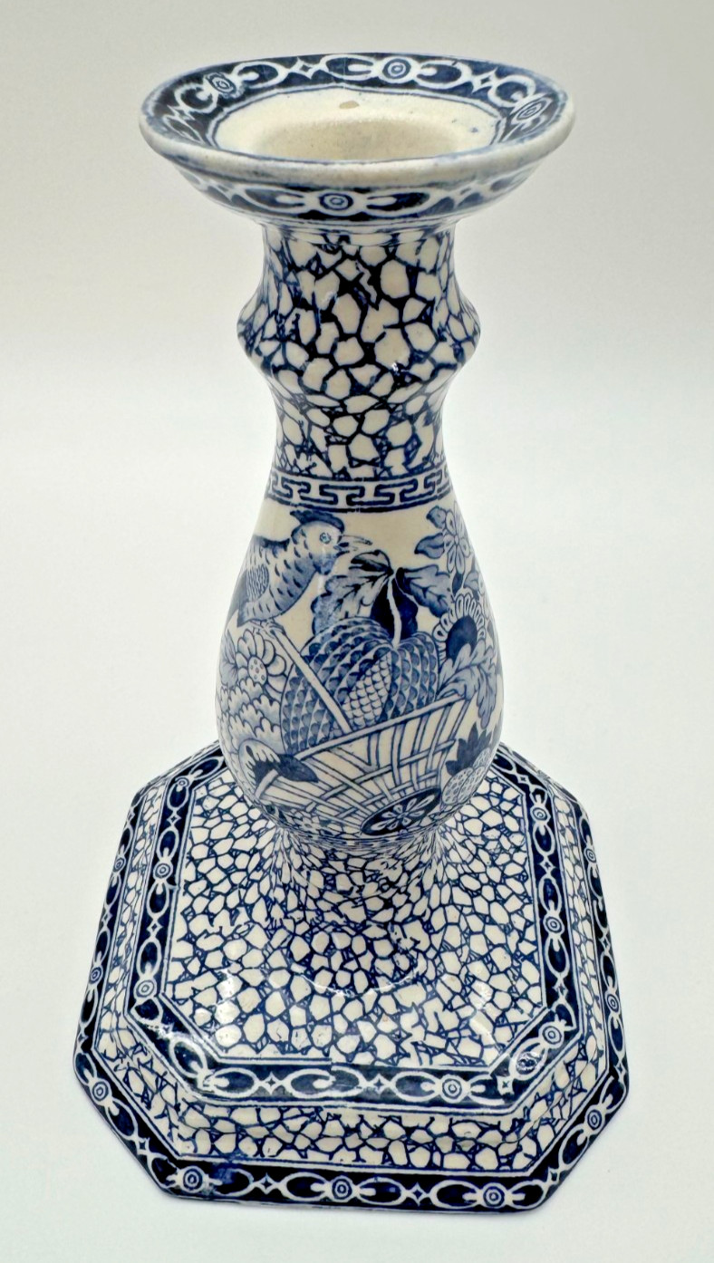 RARE Antique William Adams Chinese Bird Blue White Candlestick Holder c.1913 9\