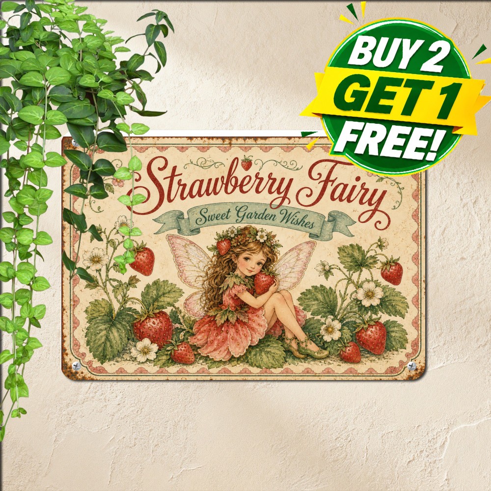 Whimsical Strawberry Fairy Fantasy Artwork Kitchen Decor Metal Tin Sign