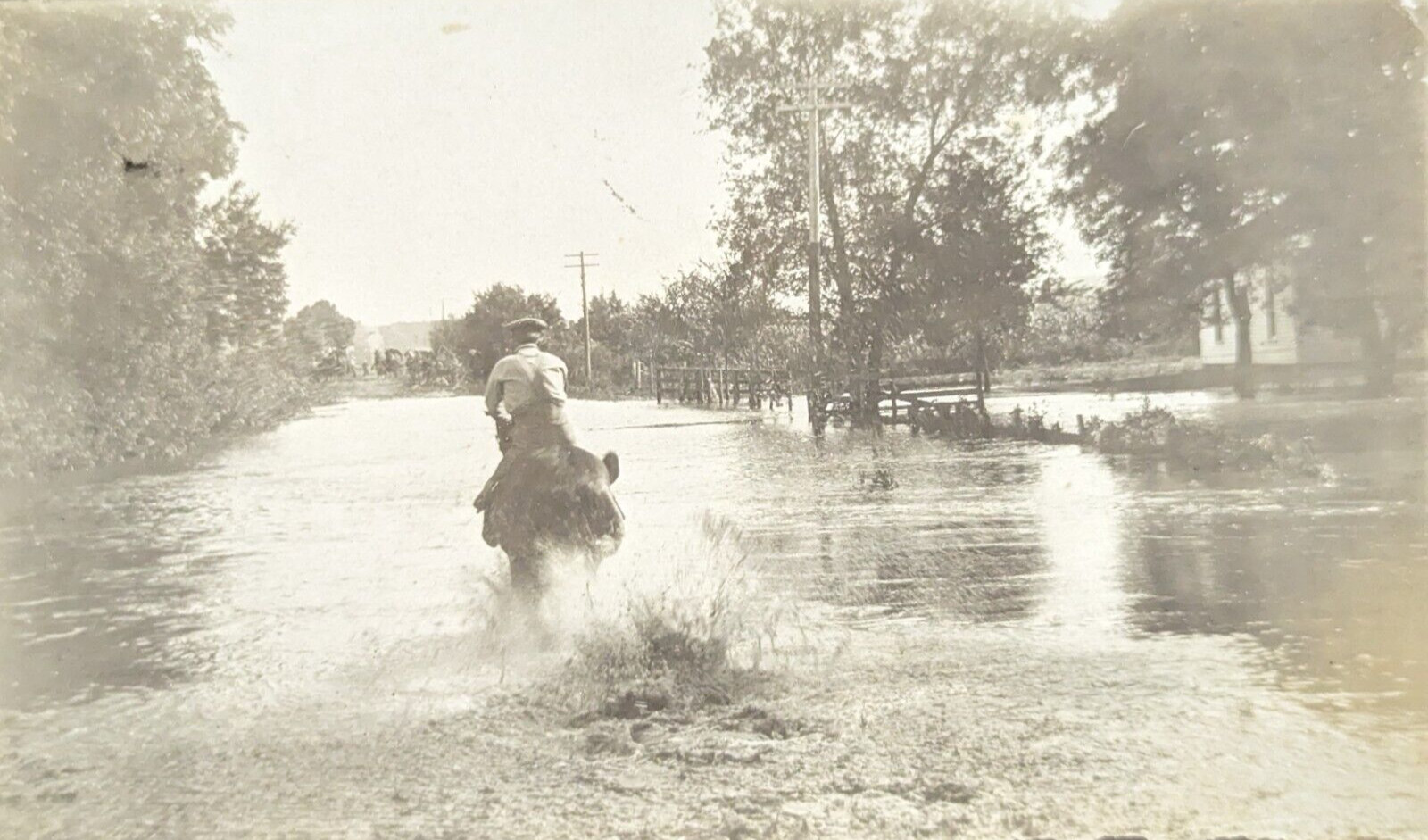 Postcard Real Photo Man on Horse Running Through Flood Water Millville PA 1910