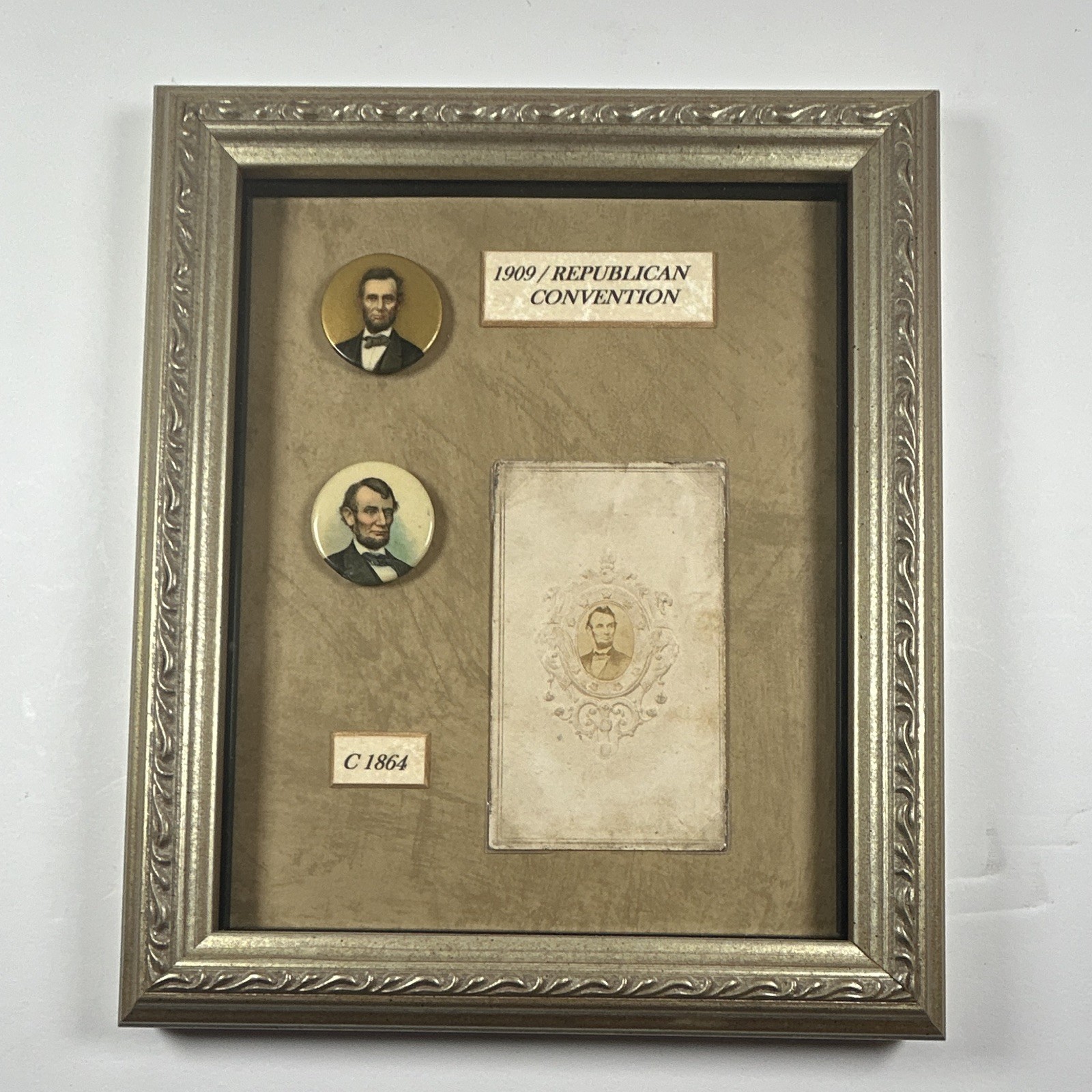 Framed Abraham Lincoln Pinbacks Portrait Card Centennial Souvenir Not Campaign