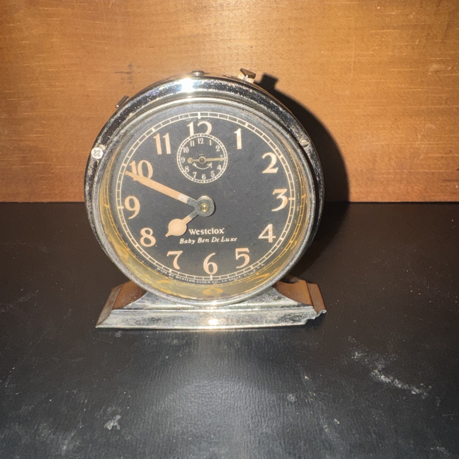 ANTIQUE Westclox Baby Ben Deluxe alarm clock, black dial, c.1927. CLEAN, & RUNS