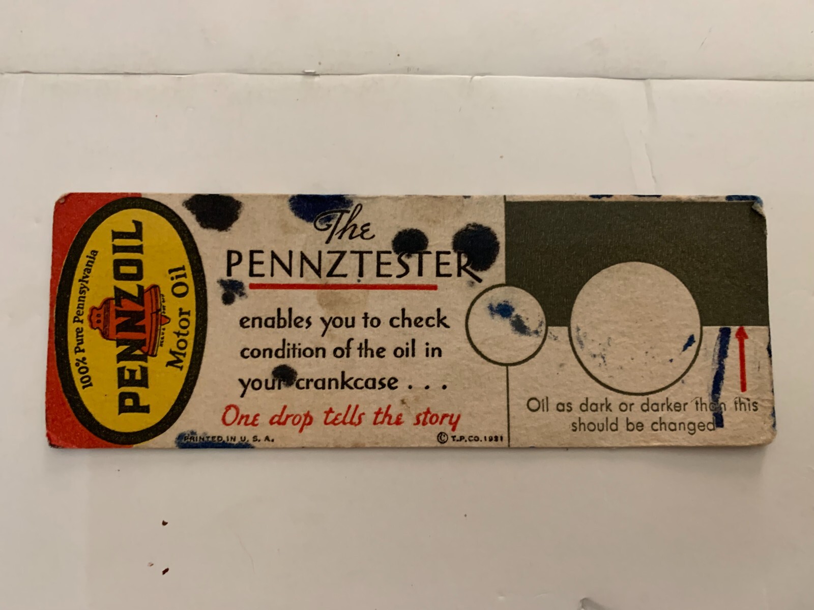 1931 Pennzoil Motor Oil The Pennztester Ink Blotter
