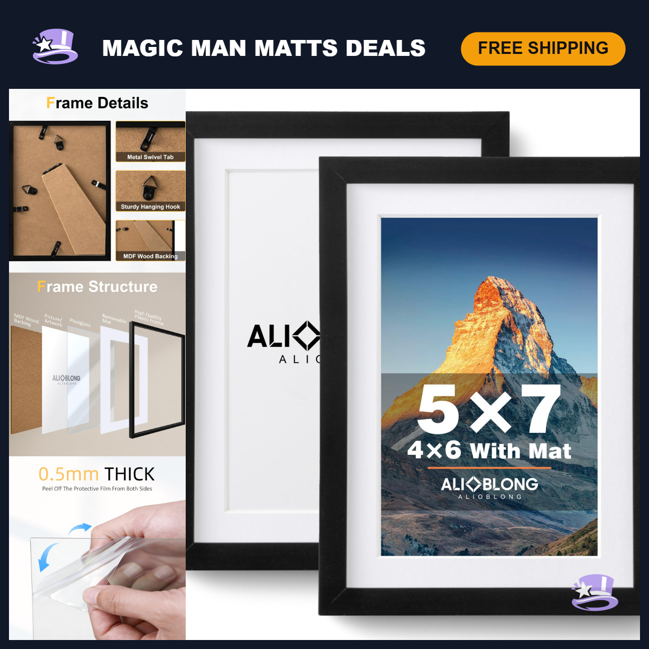 5x7 Picture Frame 4x6 Mat,Black Wall Decor Photo Frames 2 Pack