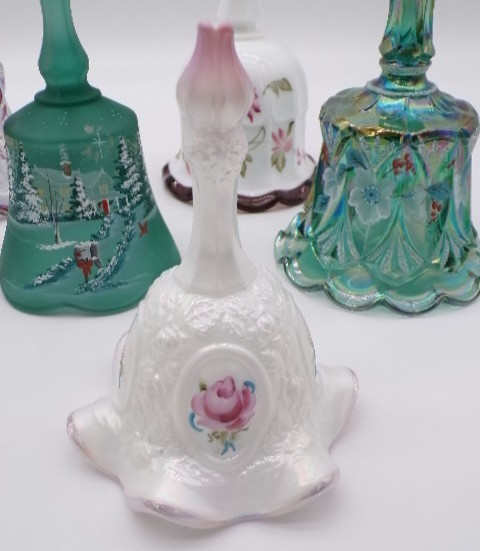 Fenton Bell Iridescent Milk Glass Pink Crest Hand Painted Roses Signed C Smith