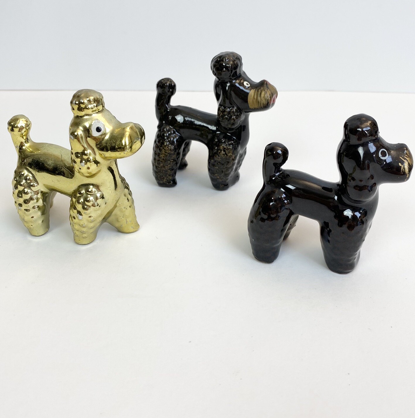 Set Of 3 VTG 1960\'s Mini Black & Gold Standing Ceramic Poodle Figurine Japan 3\