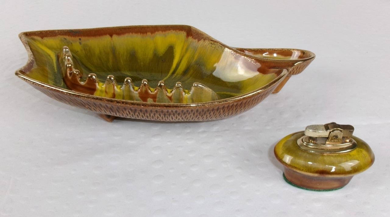 Vintage California Originals 2826 Atomic MCM Green Drip Glaze Ashtray Lighter
