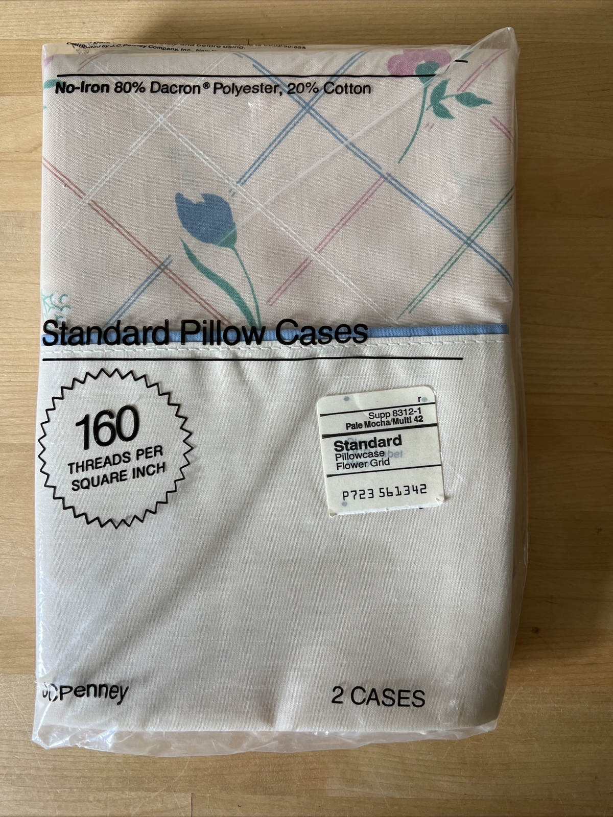 NOS JC Penney Vintage Standard Pillowcases Set Of 2 Flower Grid Pale Mocha