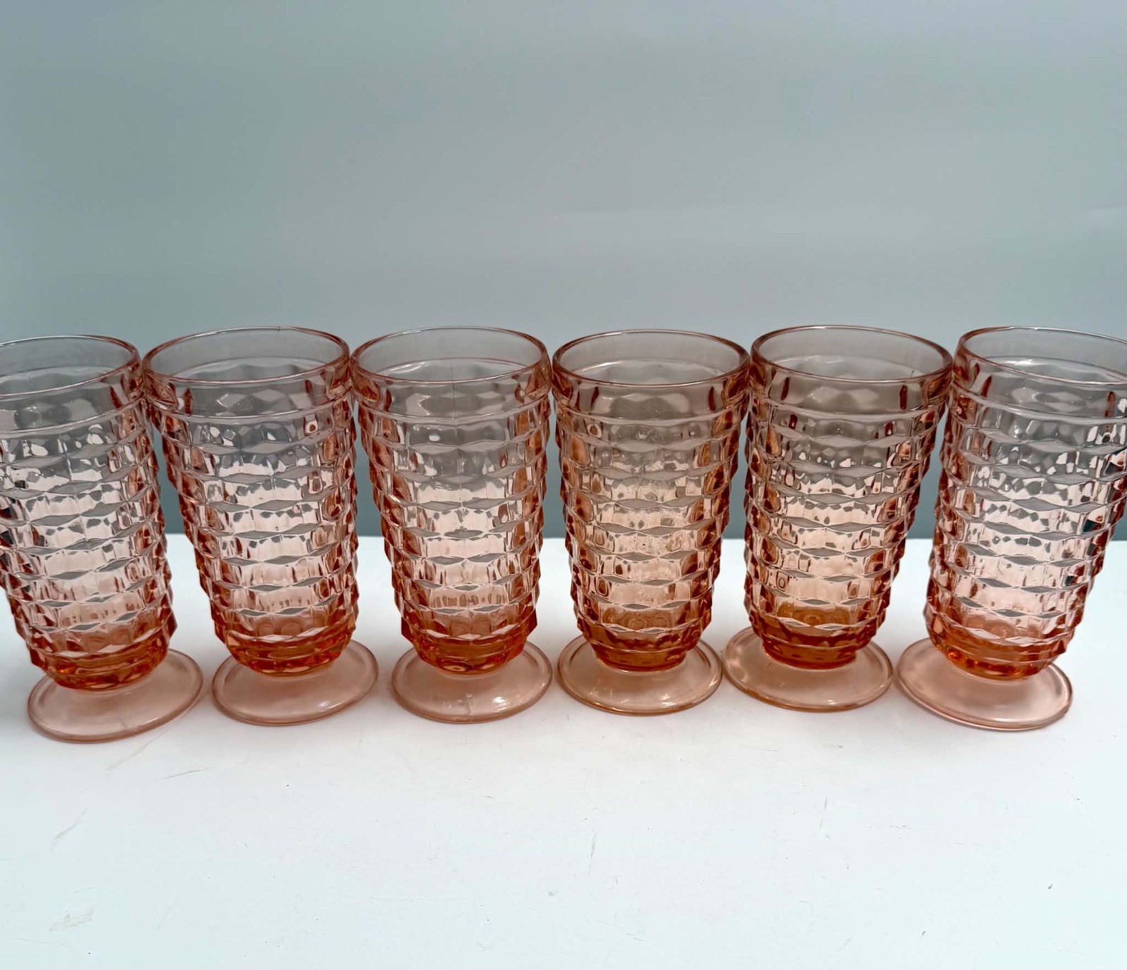 🩷 Set Of 6 VTG Peach Pink Depression  Indiana Whitehall Footed Tumblers Cubist
