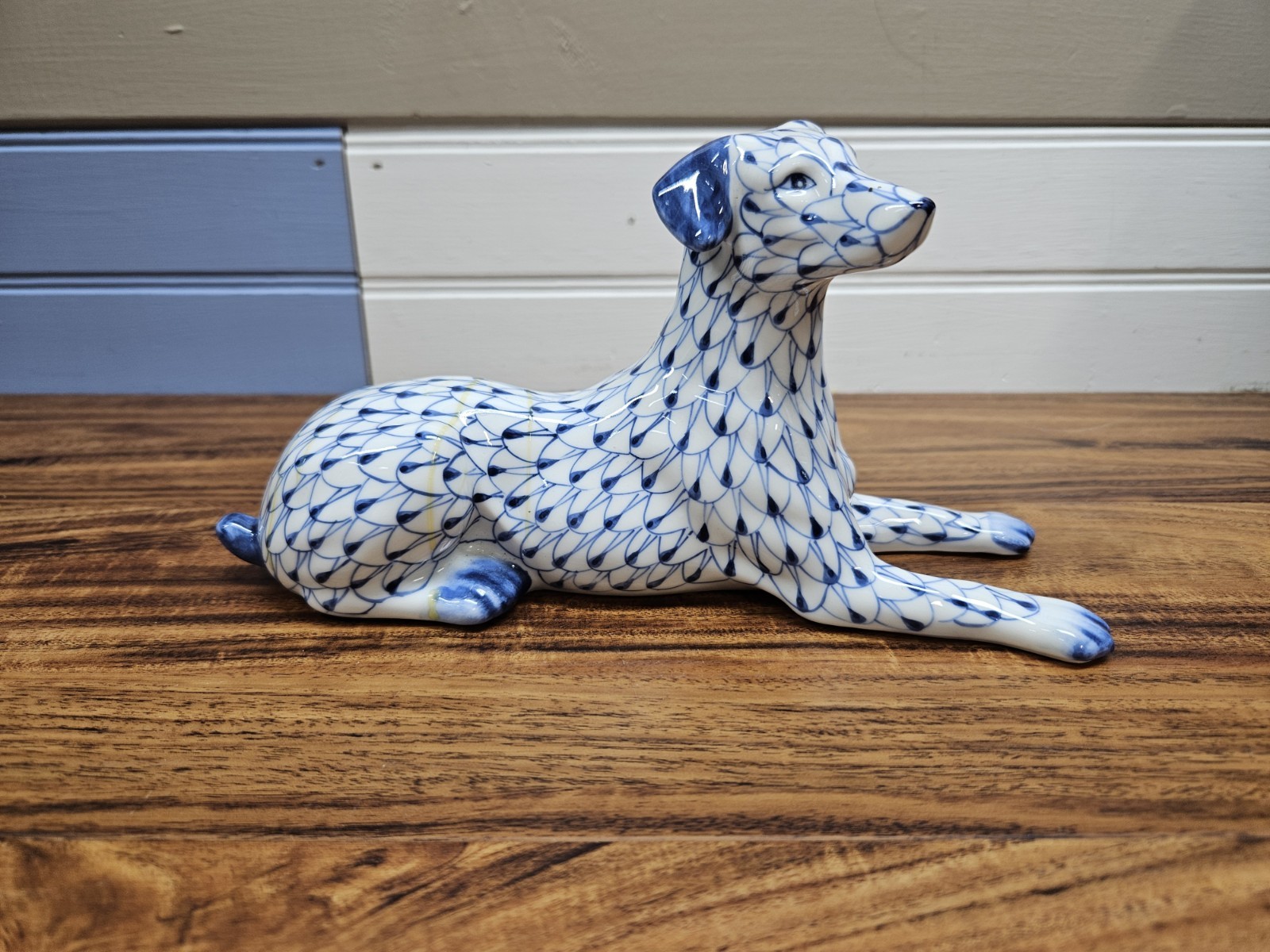 Vintage Andrea By Sadek Fishnet Dog Blue/White Dalmatian Figure Handpainted Read
